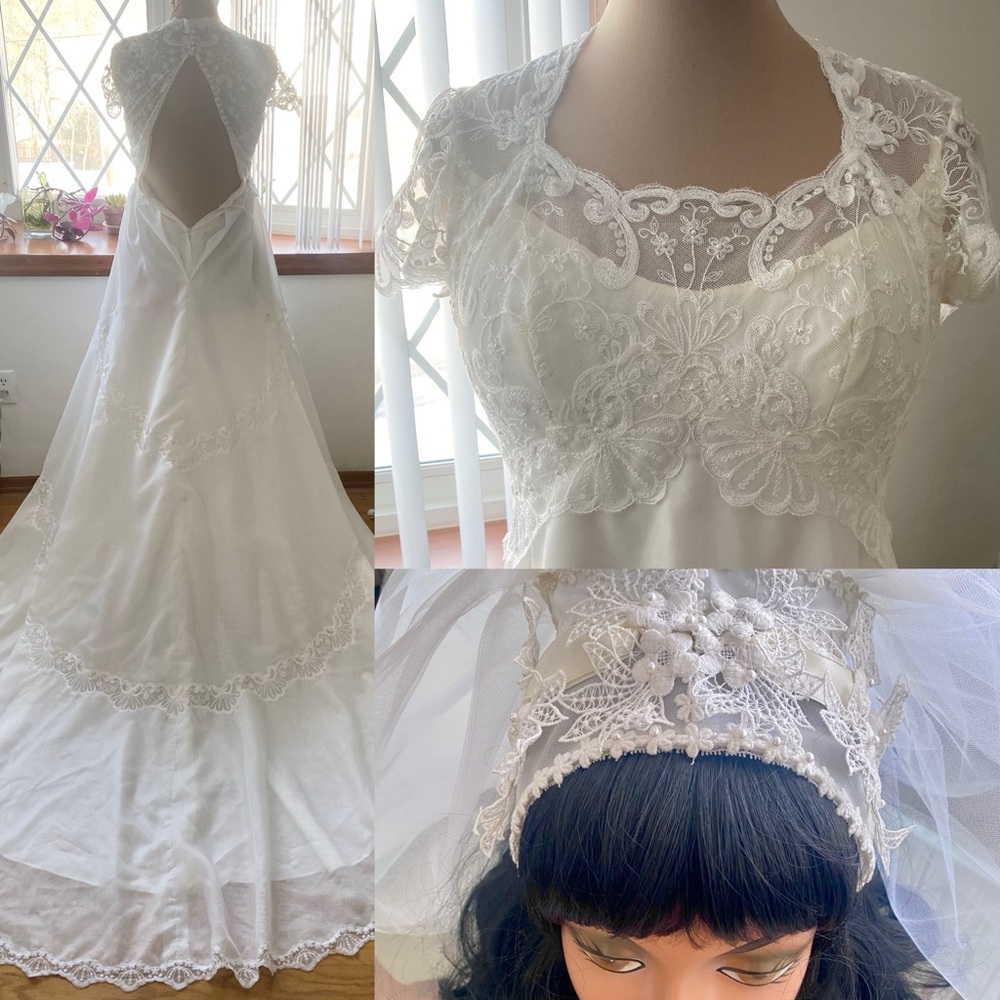 Vintage 70s WILLIAM CAHILL Empire Wedding Gown *Small* Tiered Lace Short Sleeve